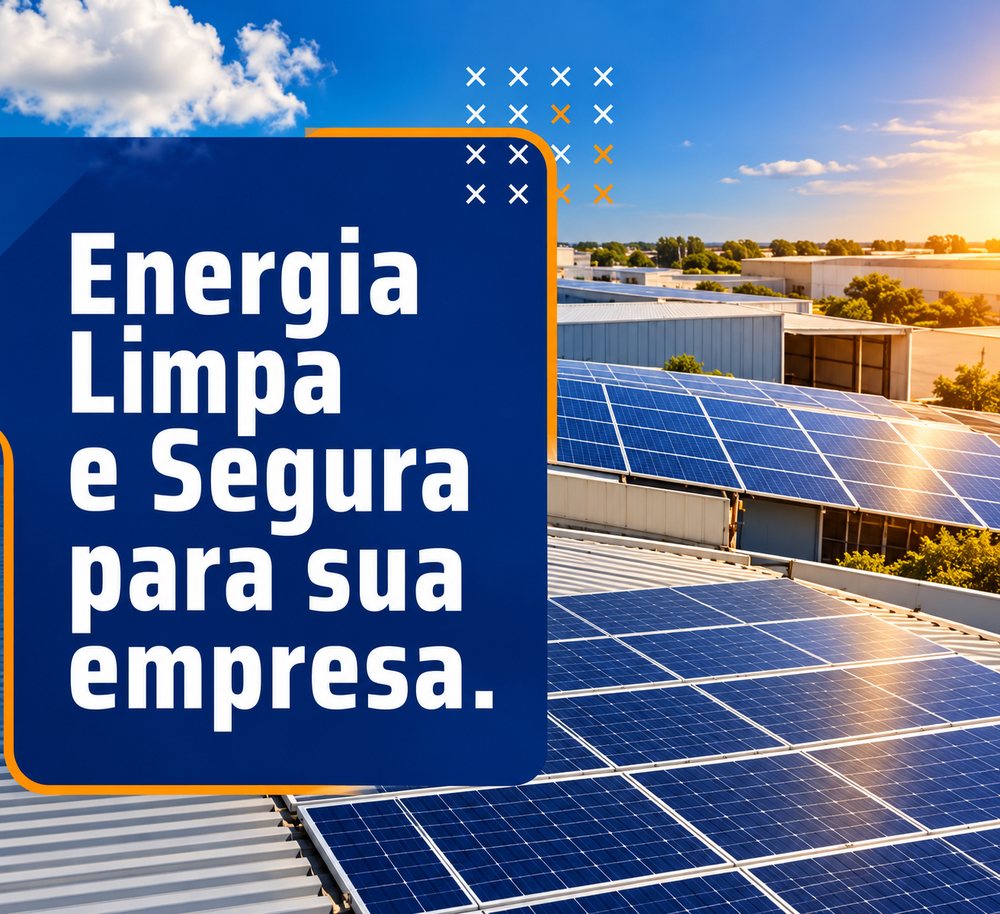 Arte HashtagSolar: Energia limpa e segura para sua empresa. Painéis sobre cobertura comercial.