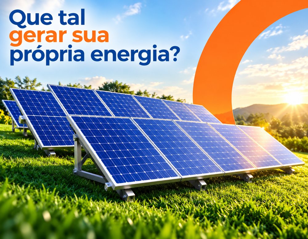 Arte HashtagSolar: Que tal gerar sua própria energia? Painéis solares sobre a grama ao pôr do sol.