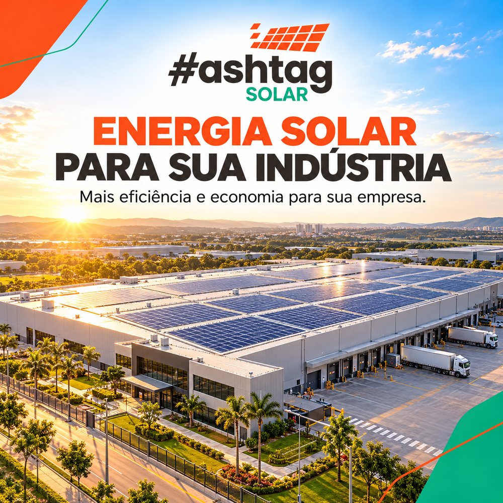 Arte HashtagSolar: Energia solar para sua indústria. Mais eficiência e economia para sua empresa.
