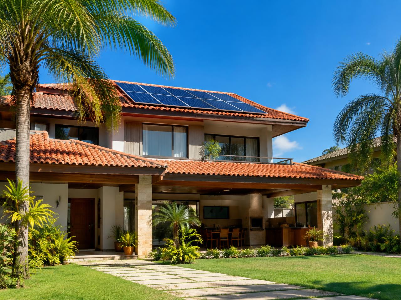 Casa com telhado de cerâmica e painéis solares, cercada por coqueiros