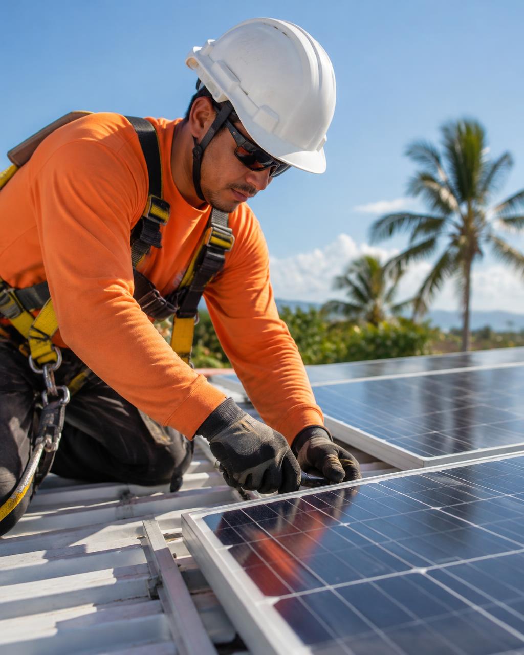 Técnico com capacete e cinto de segurança instalando painel solar em um telhado